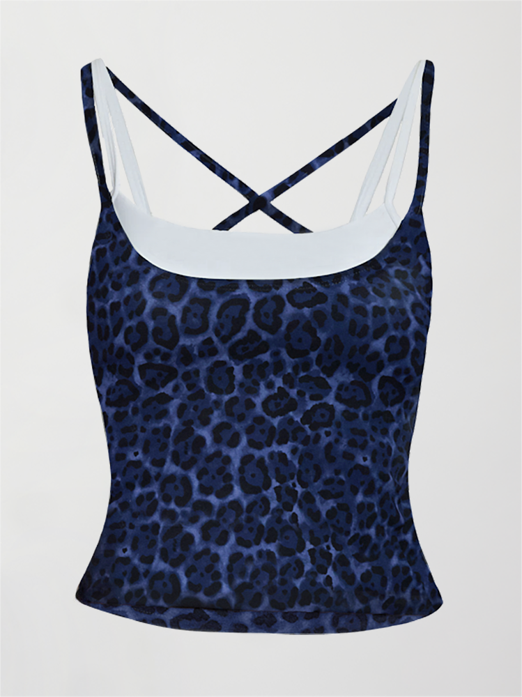 Double Layered Contrast Tank - Navy Leopard/White