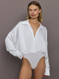 Super Oversized Boyfriend Shirt Bodysuit - Snow White