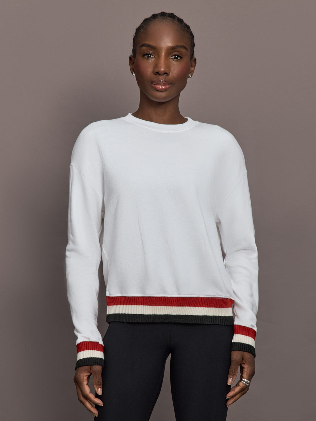 Banded Sweatshirt in French Terry - White with Black/White/Red