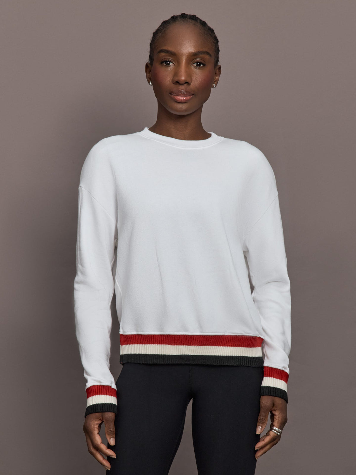 Banded Sweatshirt in French Terry - White with Black/White/Red
