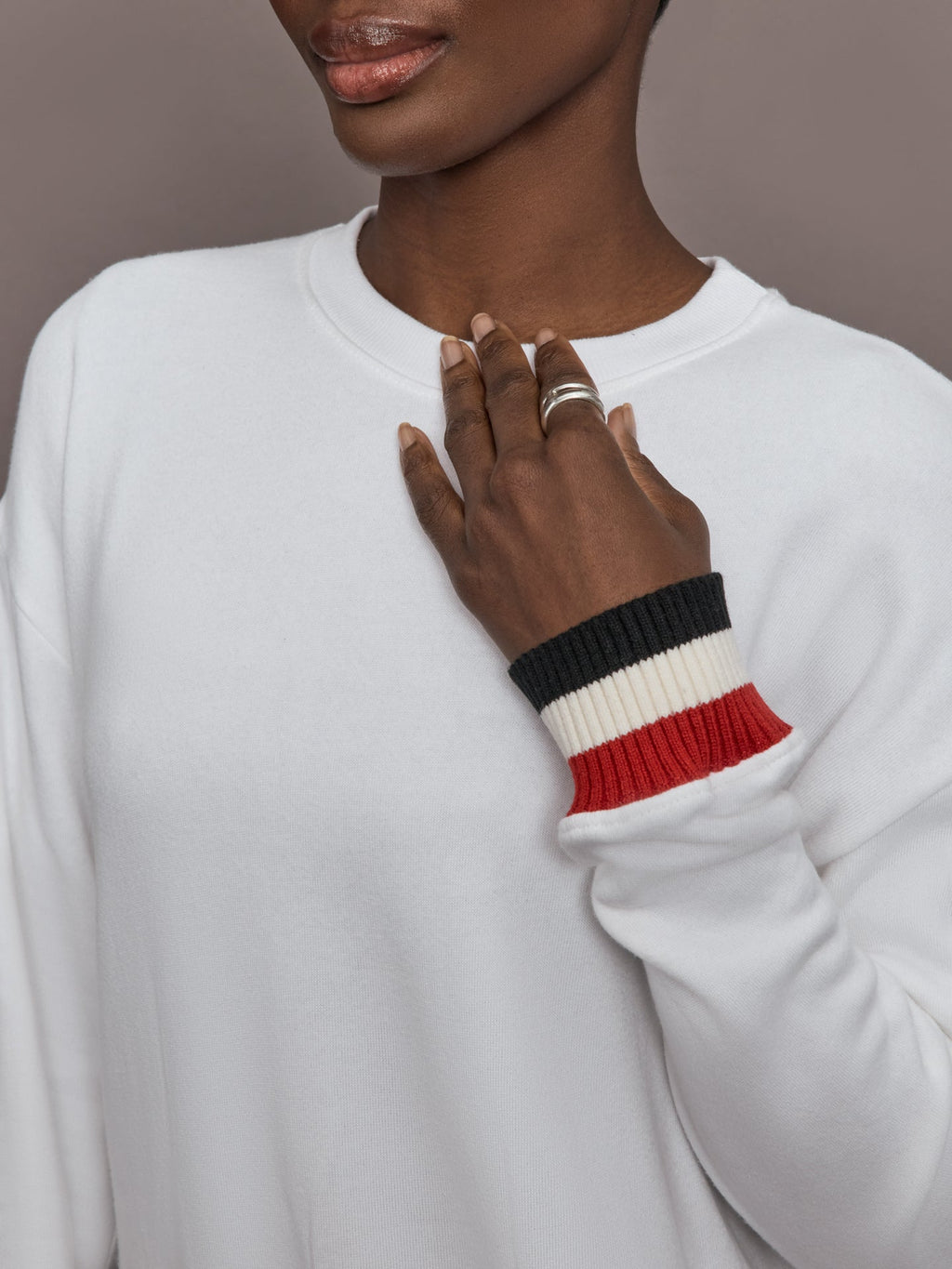 Banded Sweatshirt in French Terry - White with Black/White/Red