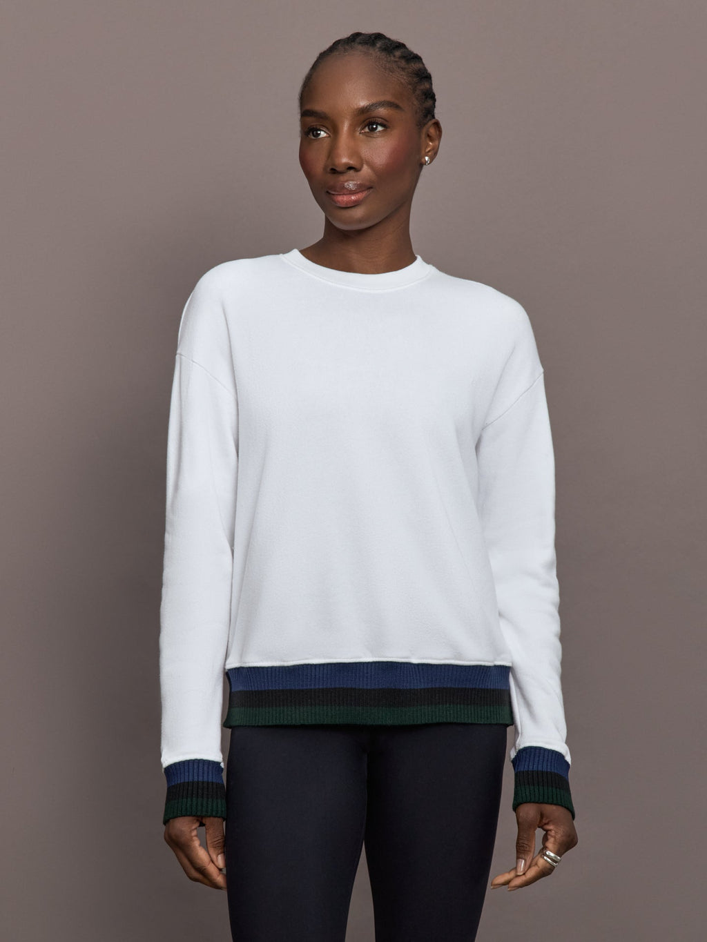 Banded Sweatshirt in French Terry - White with Navy/Black/Forest