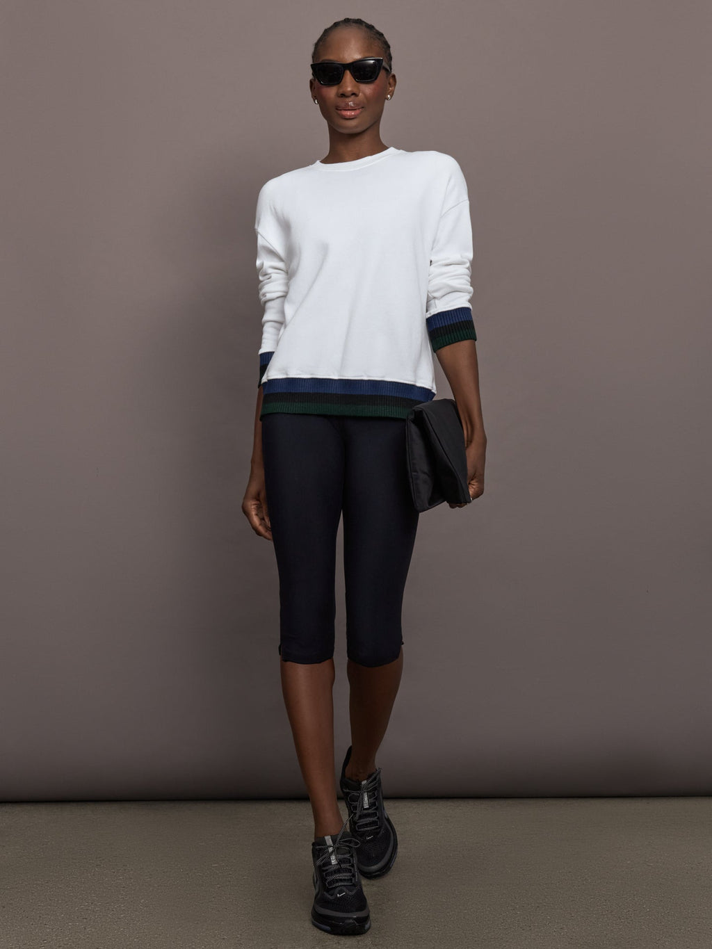 Banded Sweatshirt in French Terry - White with Navy/Black/Forest