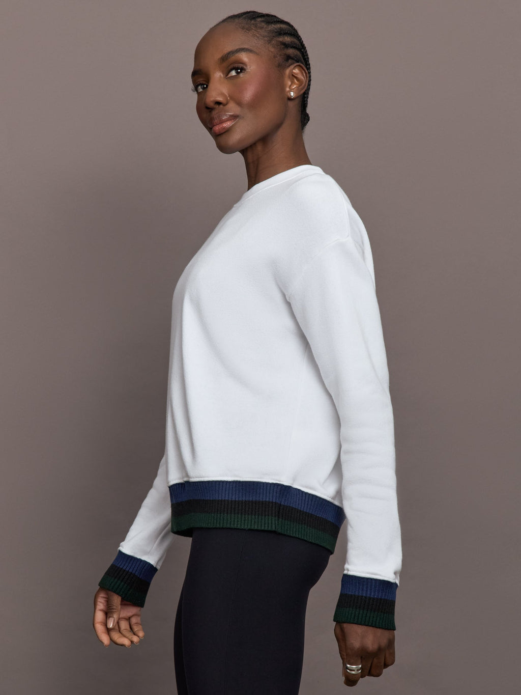 Banded Sweatshirt in French Terry - White with Navy/Black/Forest