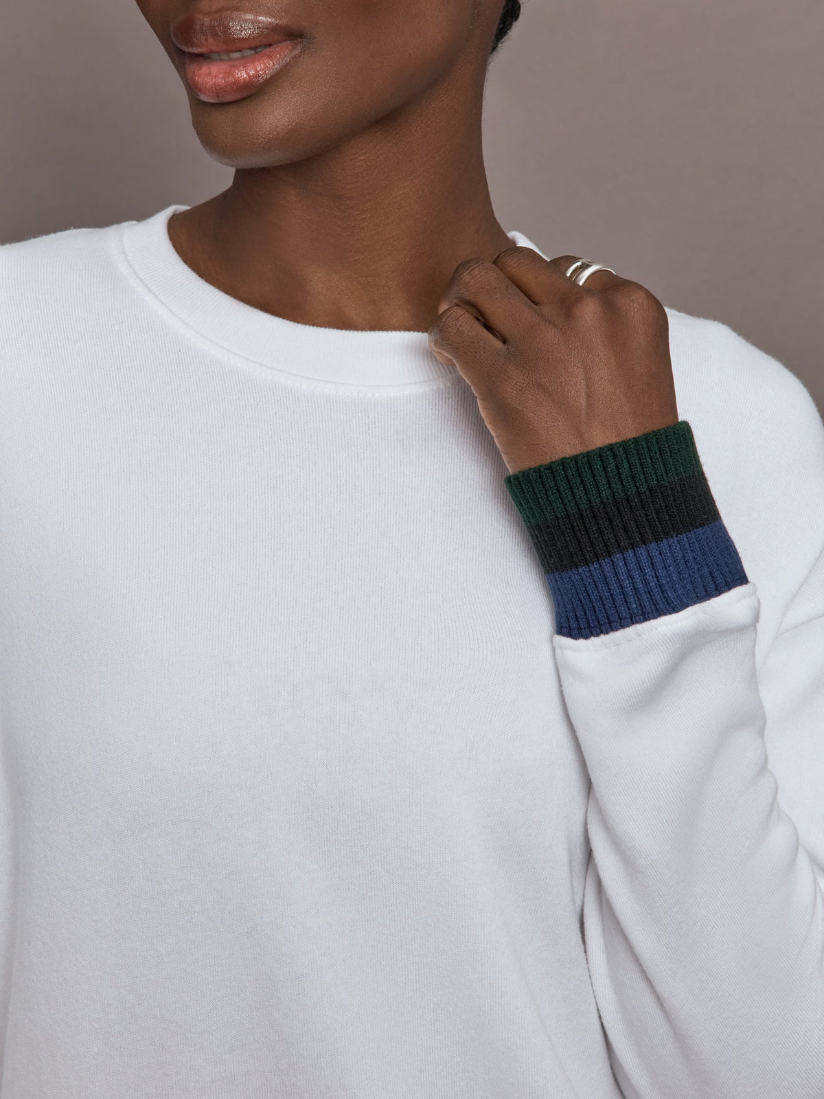 Banded Sweatshirt in French Terry - White with Navy/Black/Forest