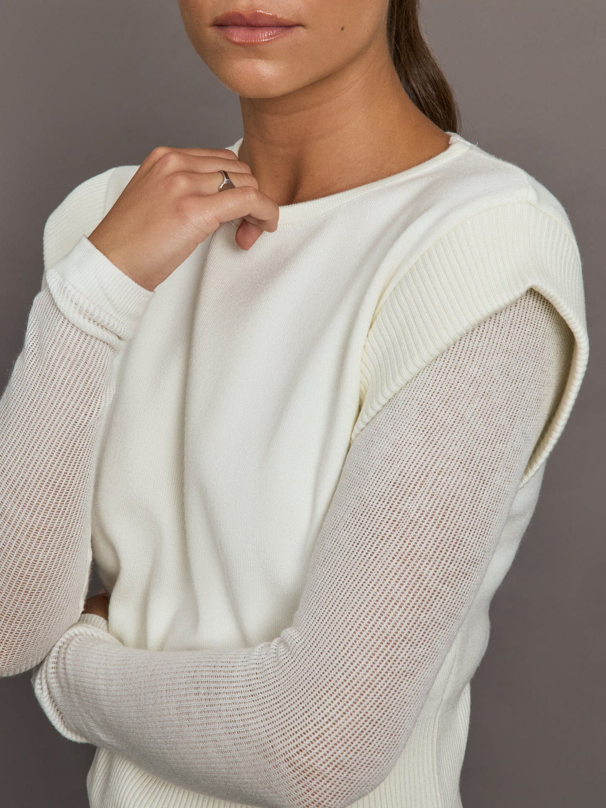 Nomia Sheer Sleeve Crew Neck Sweater - White