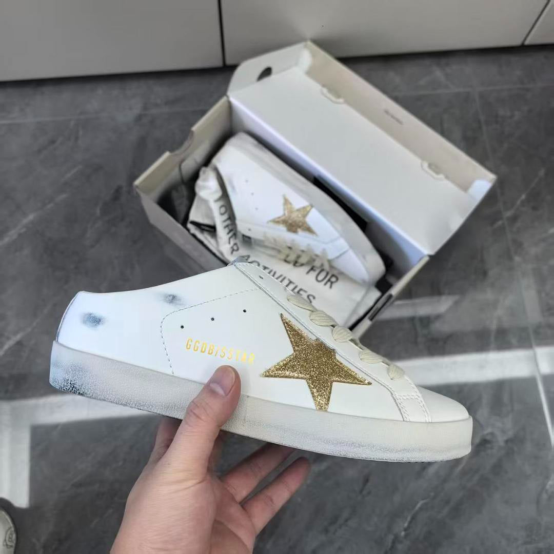 Golden Goose Super-Star Sabot White Leather Gold Glitter