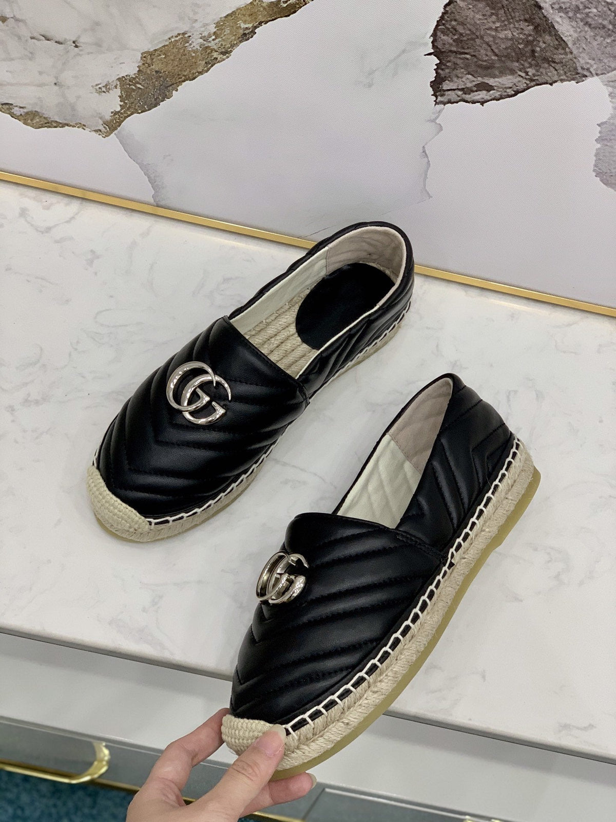 gg espadrilles black calfskin silver gg