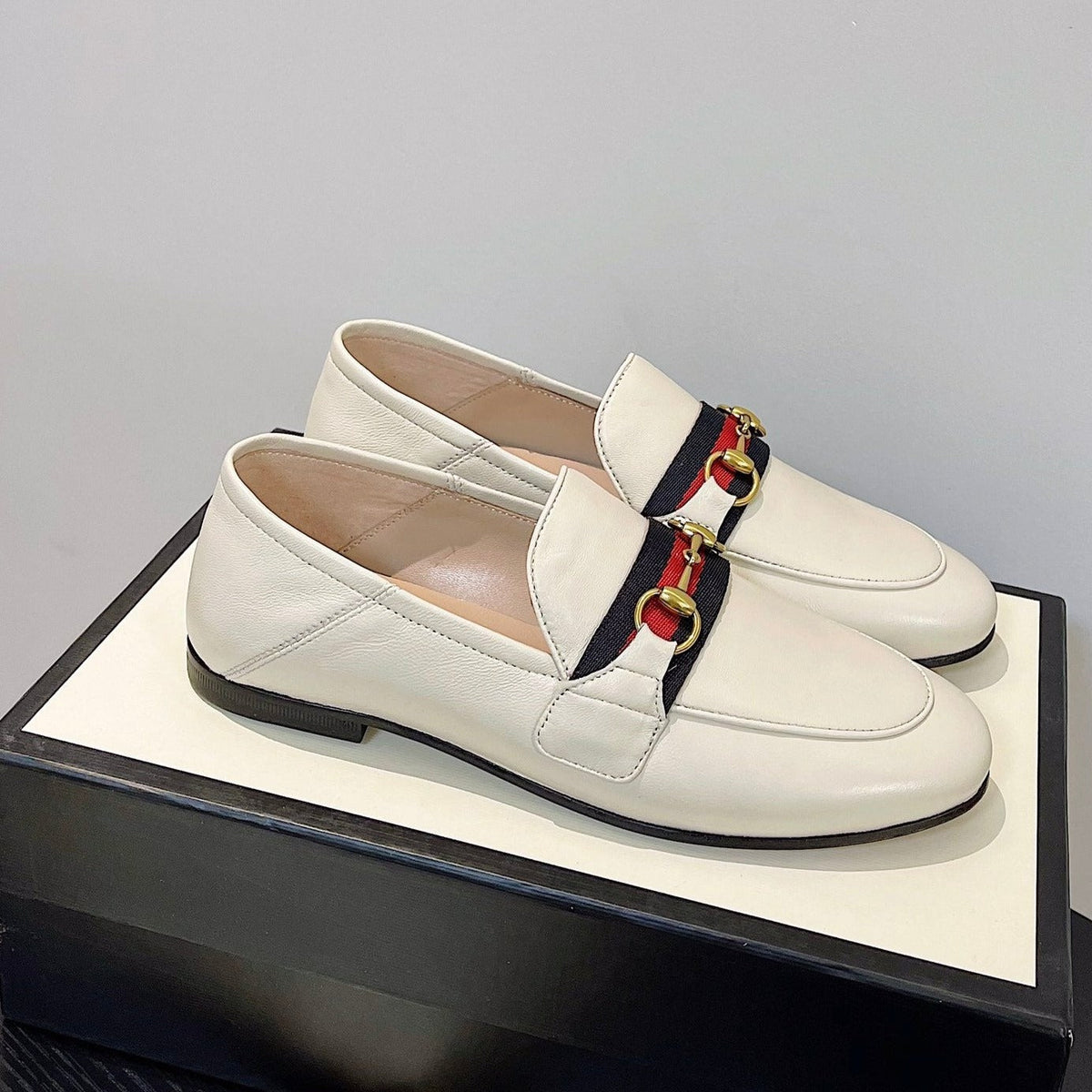 gg loafer cream calfskin black red canvas