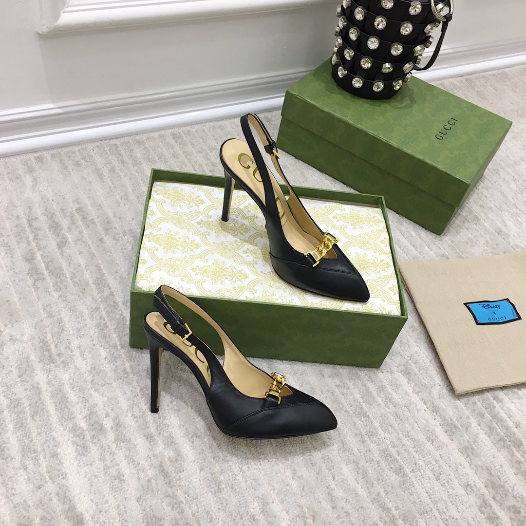 GG HIGH HEEL SLINGBACK BLACK CALFSKIN WITH CHAIN