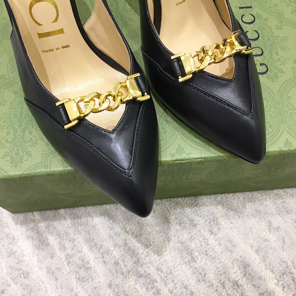 GG HIGH HEEL SLINGBACK BLACK CALFSKIN WITH CHAIN