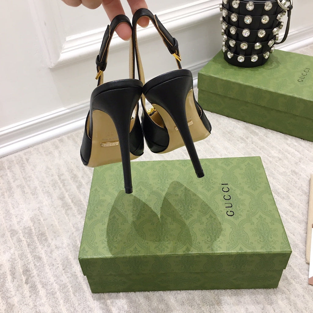 GG HIGH HEEL SLINGBACK BLACK CALFSKIN WITH CHAIN