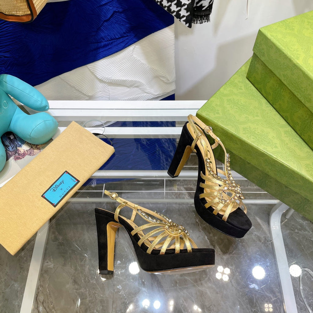 GG CRYSTAL HIGH HEEL SANDAL BLACK GOLD LAMBSKIN