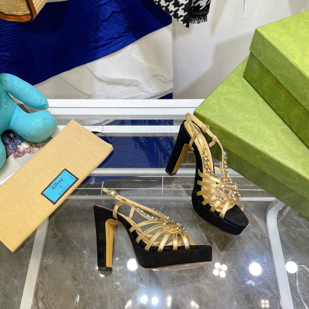 GG CRYSTAL HIGH HEEL SANDAL BLACK GOLD LAMBSKIN