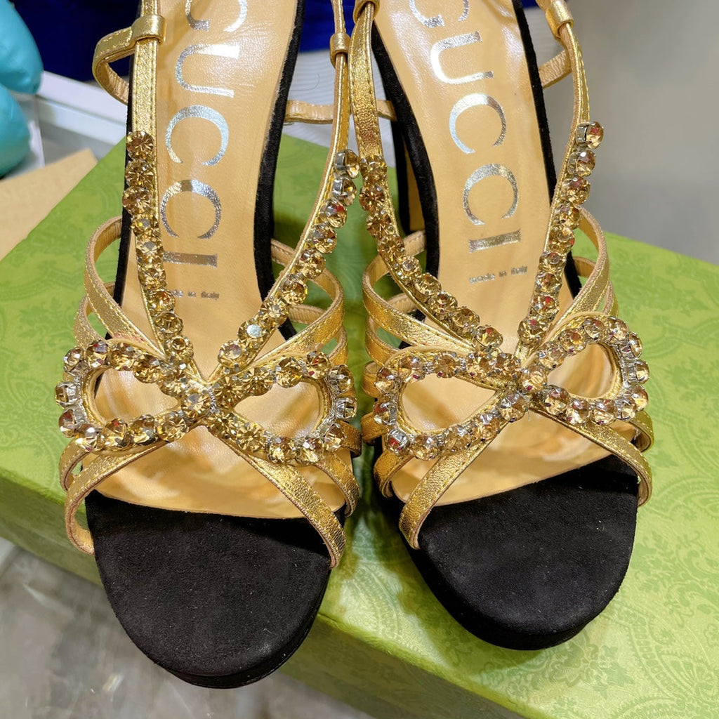 GG CRYSTAL HIGH HEEL SANDAL BLACK GOLD LAMBSKIN