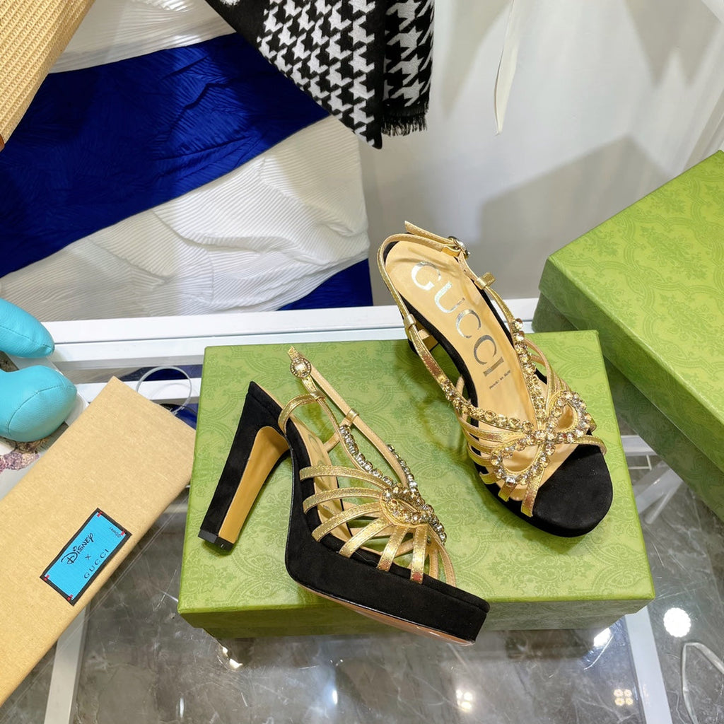 GG CRYSTAL HIGH HEEL SANDAL BLACK GOLD LAMBSKIN