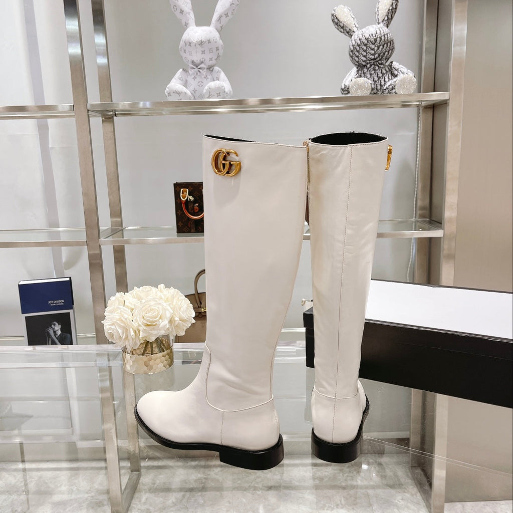 GG CLASSIC KNEE HIGH BOOTS IN WHITE IMPORTED CALFSKIN
