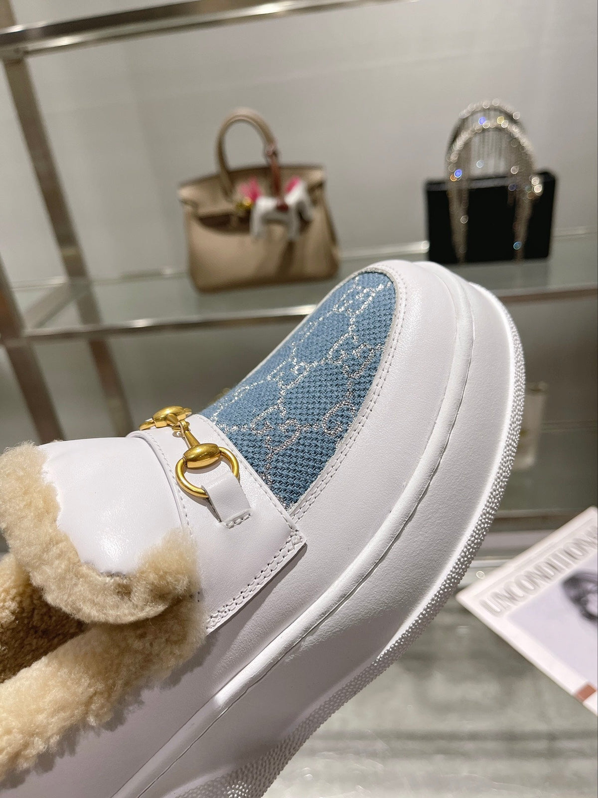 GG Snow Boots White Blue Calfskin Denim Wool 576245