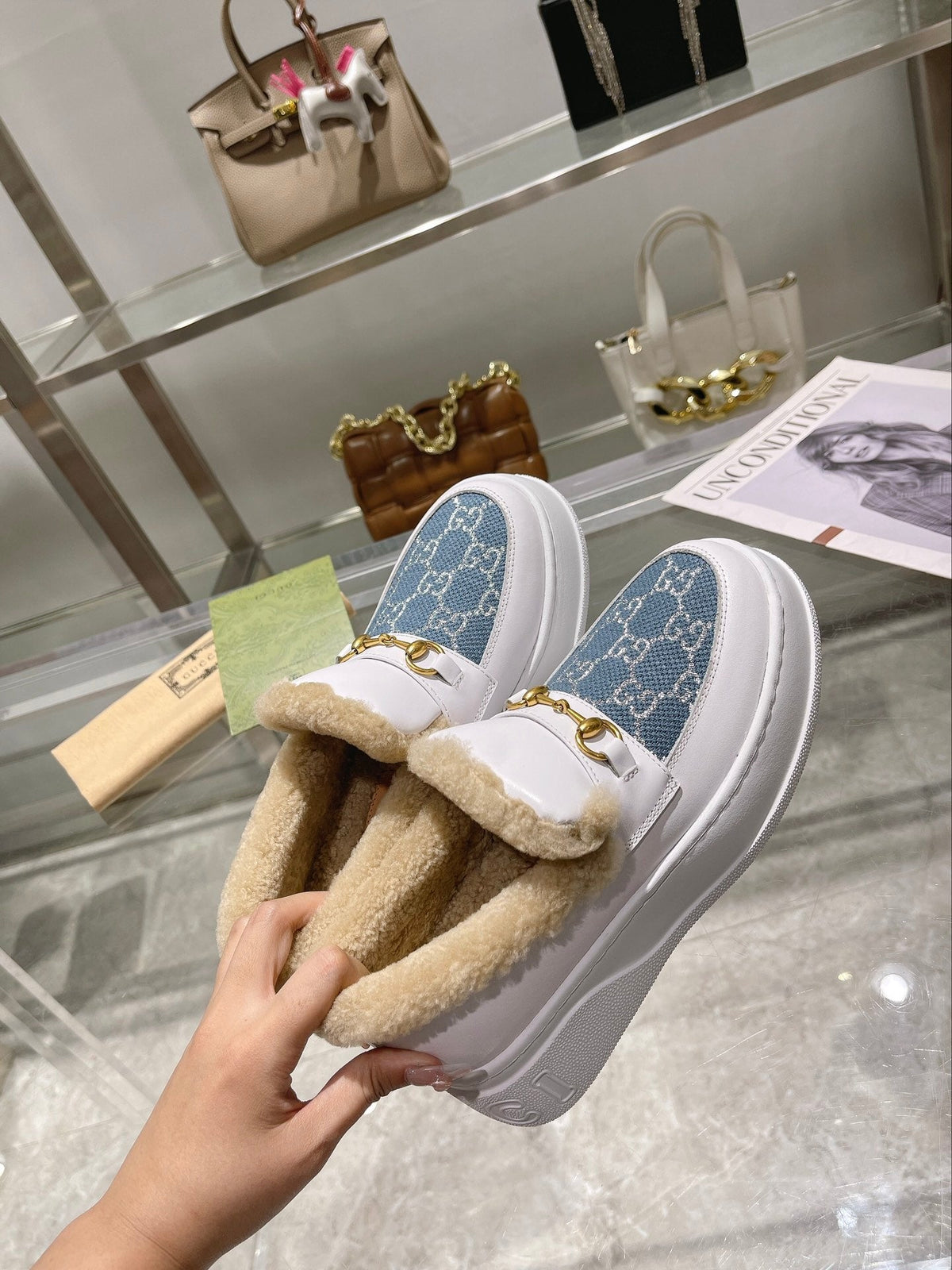 GG Snow Boots White Blue Calfskin Denim Wool 576245