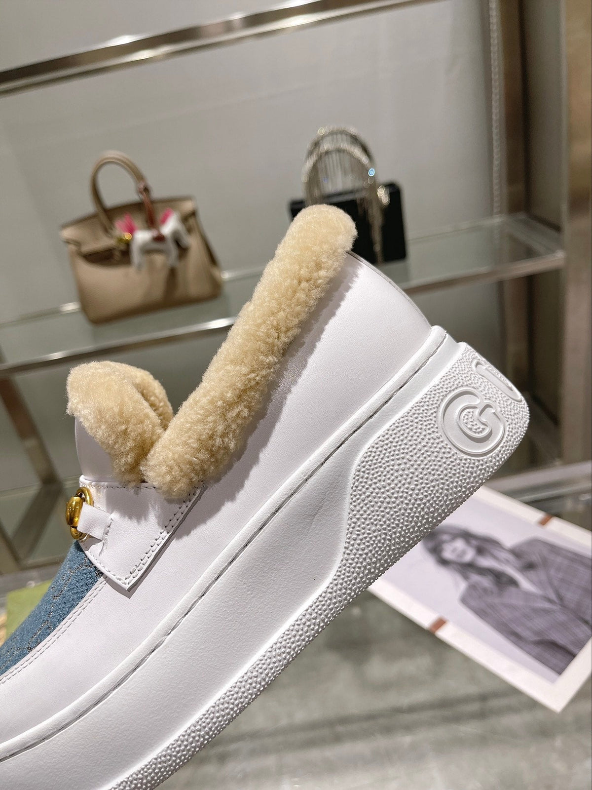 GG Snow Boots White Blue Calfskin Denim Wool 576245
