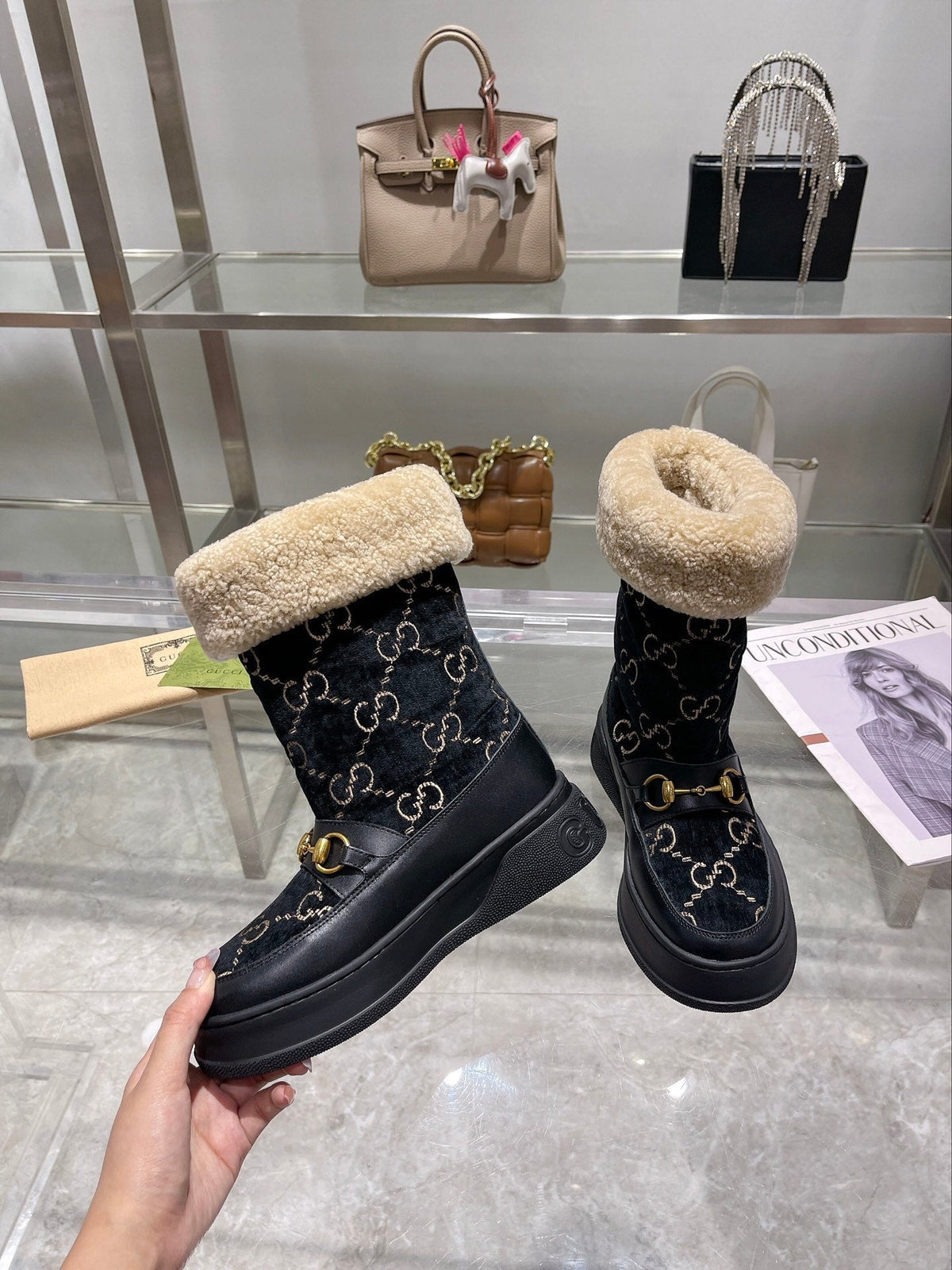 Gucci 2025 Monogram Boot Black Beige Wool Suede Calfskin 564687