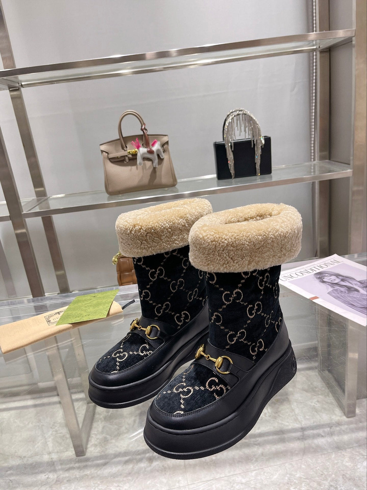 Gucci 2025 Monogram Boot Black Beige Wool Suede Calfskin 564687