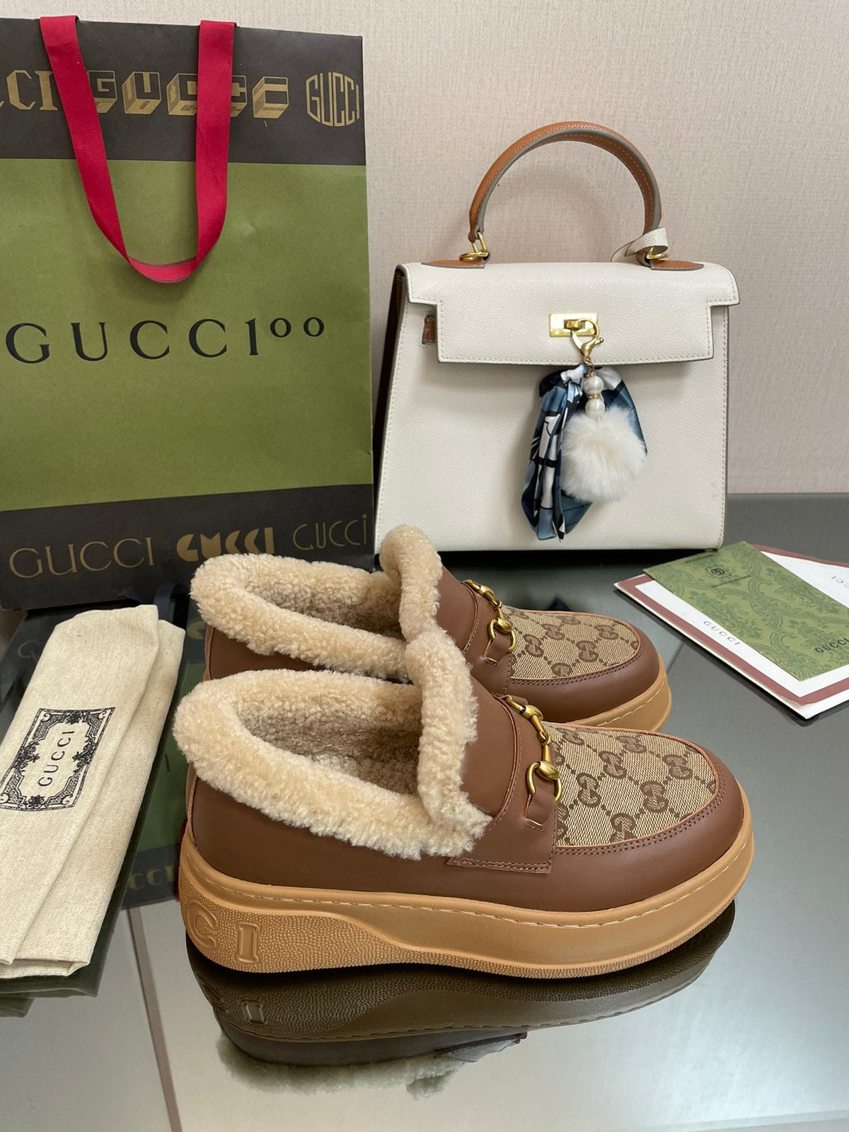 GG LOAFER IN PEANUT BROWN JACQUARD AND CHOCOLATE BROWN CALFSKIN WITH BEIGE WOOL LINING