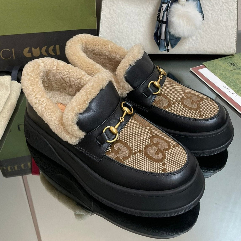GG LOAFER IN PEANUT BROWN JACQUARD AND BLACK CALFSKIN WITH BEIGE WOOL LINING