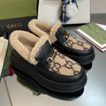 GG LOAFER IN CAMEL BROWN JACQUARD AND BLACK CALFSKIN WITH BEIGE WOOL LINING
