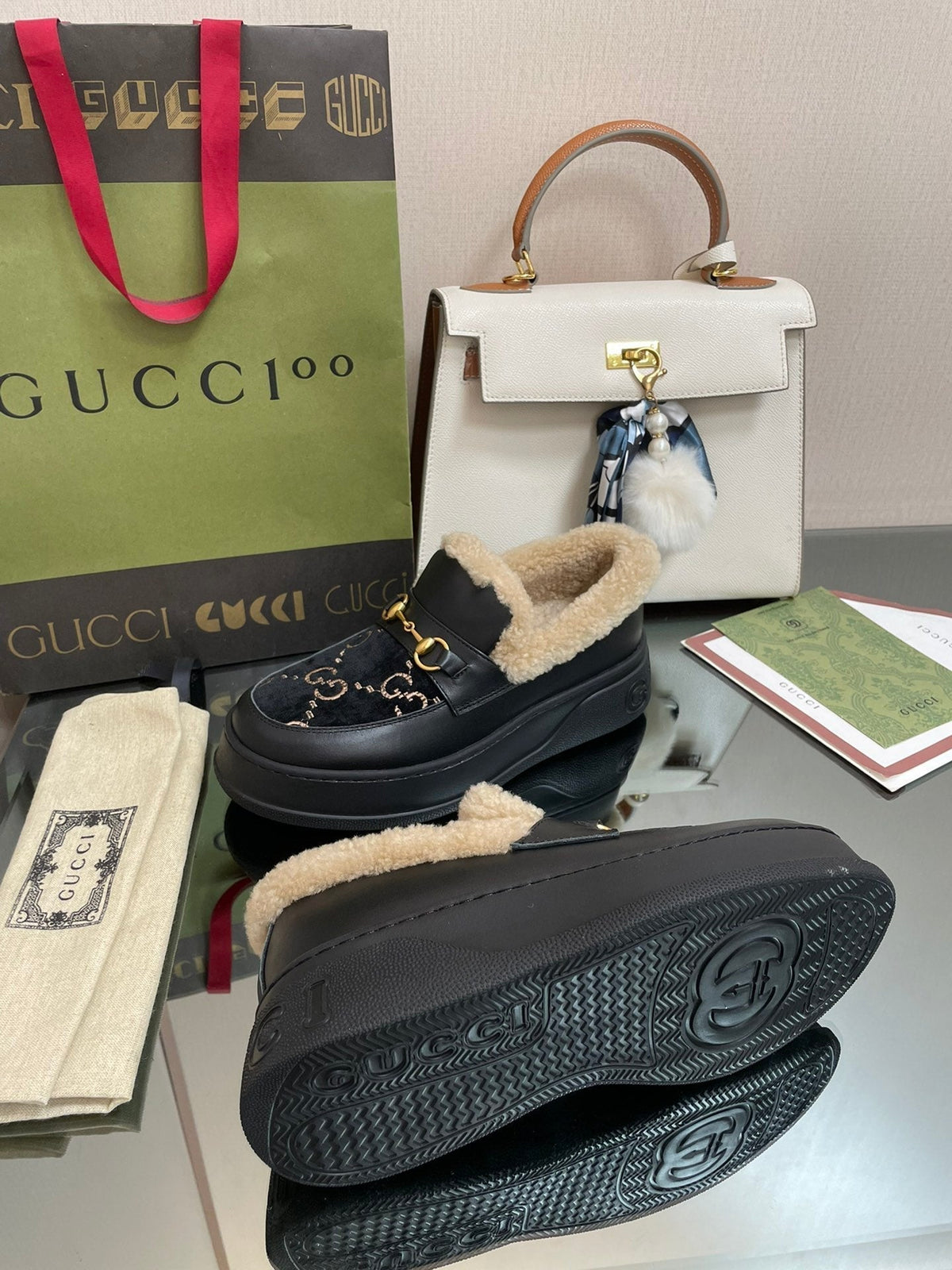 GG LOAFER IN BLACK JACQUARD AND CALFSKIN WITH BEIGE WOOL LINING