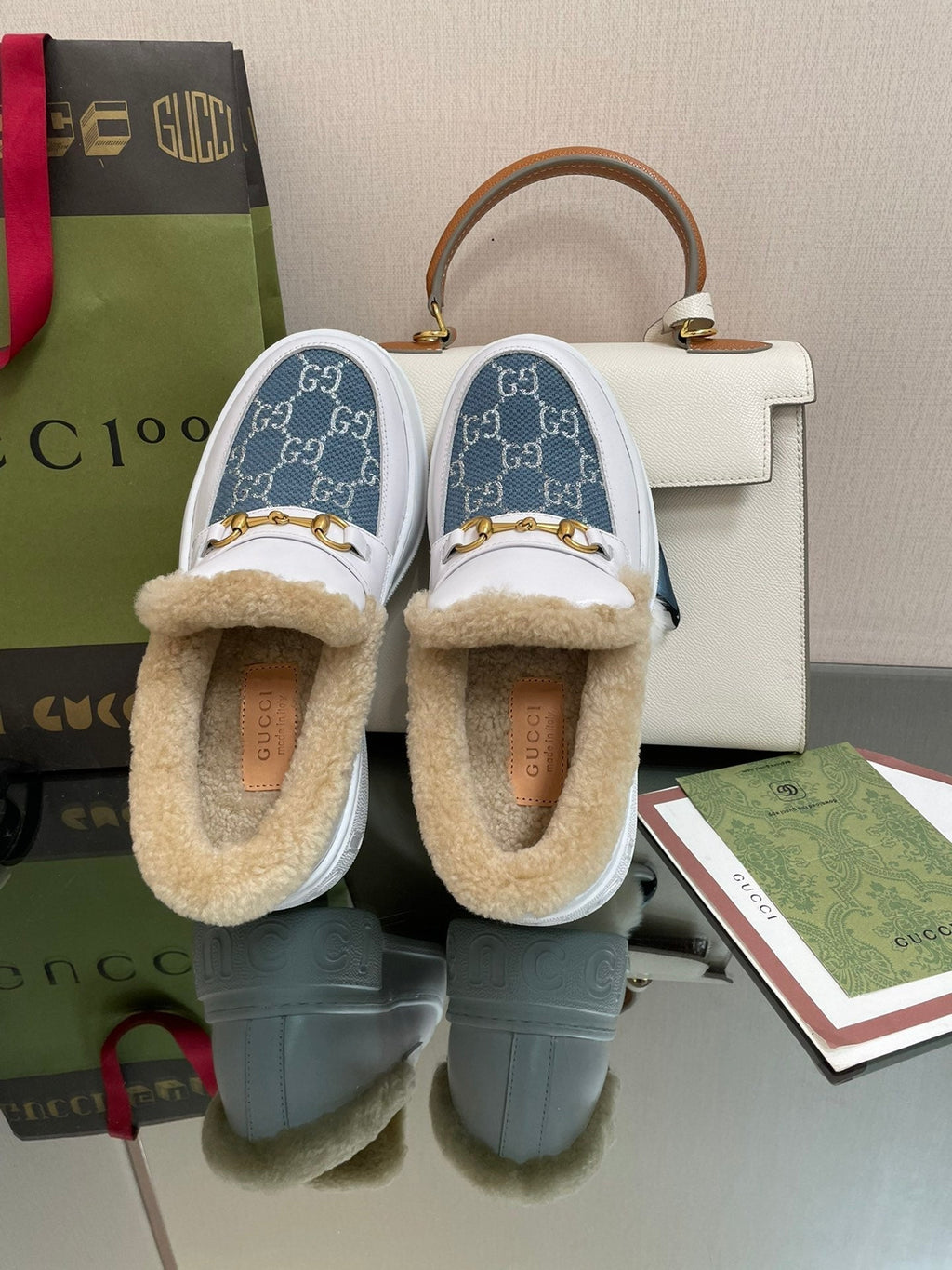 GG LOAFER IN BLUE JACQUARD MIX WHITE CALFSKIN WITH BEIGE WOOL LINING