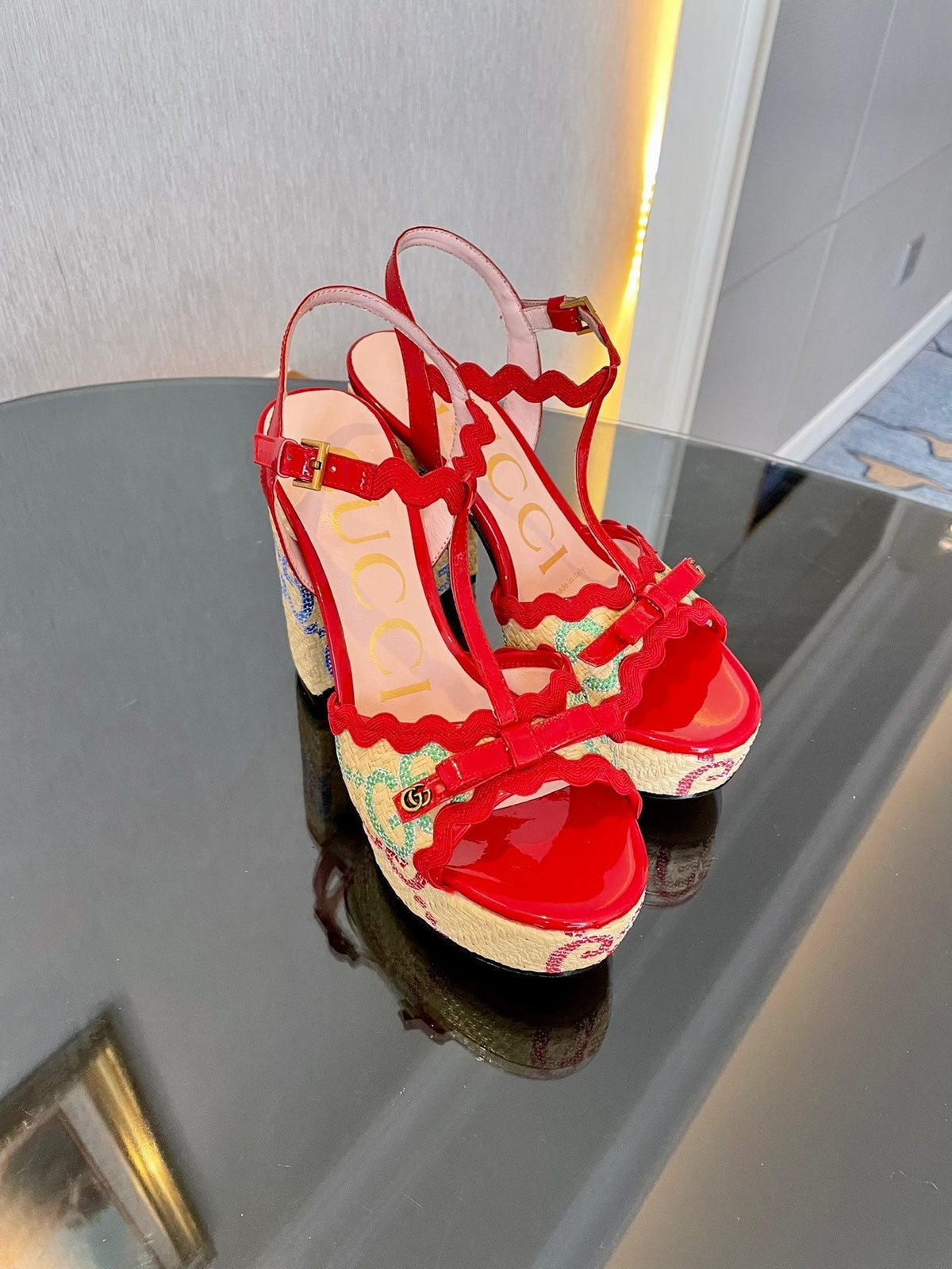 GG Kertu Platform Sandals 12cm Beige Red Raffia Leather 695694