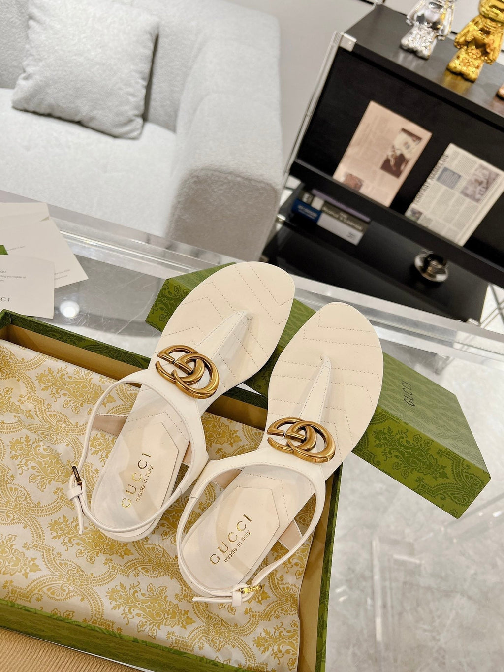 GC Double G Block Heel Thong Sandals White Leather 292408