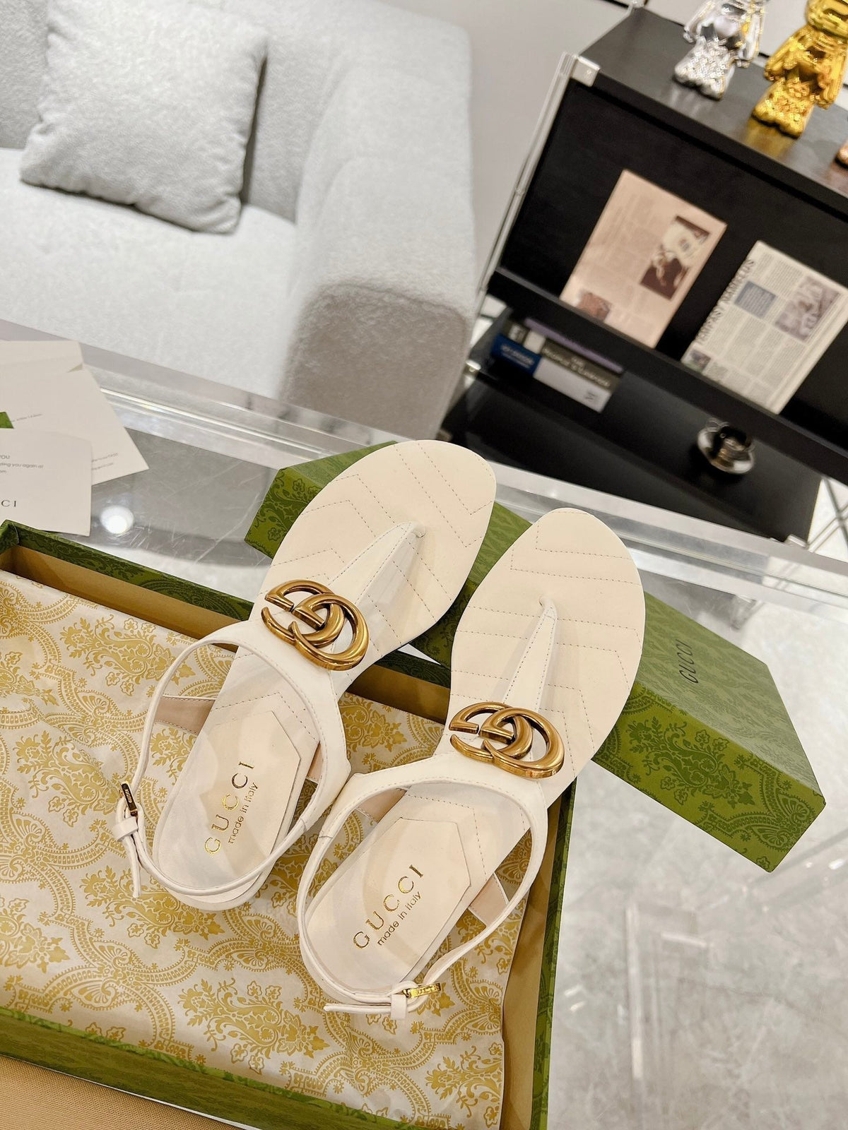 GC Double G Block Heel Thong Sandals White Leather 292408