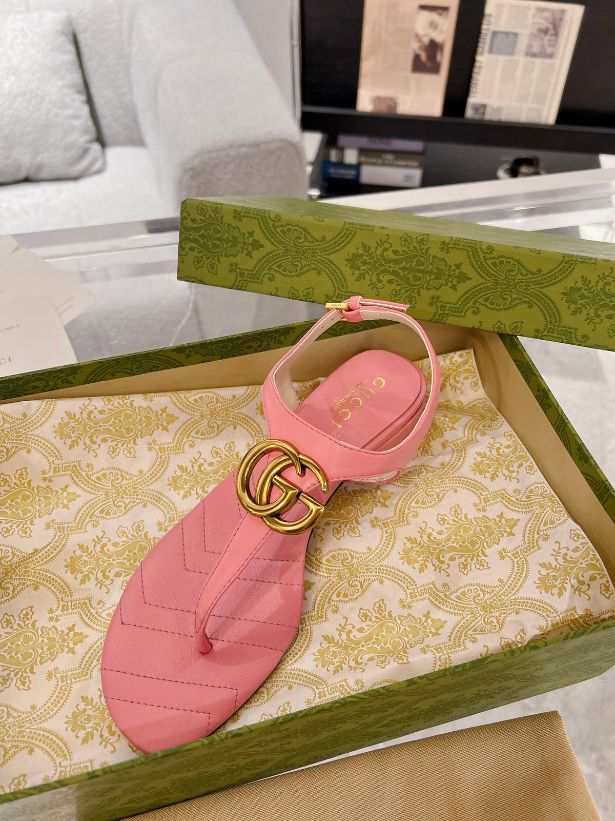 GC Double G Block Heel Thong Sandals Pink Leather 292409