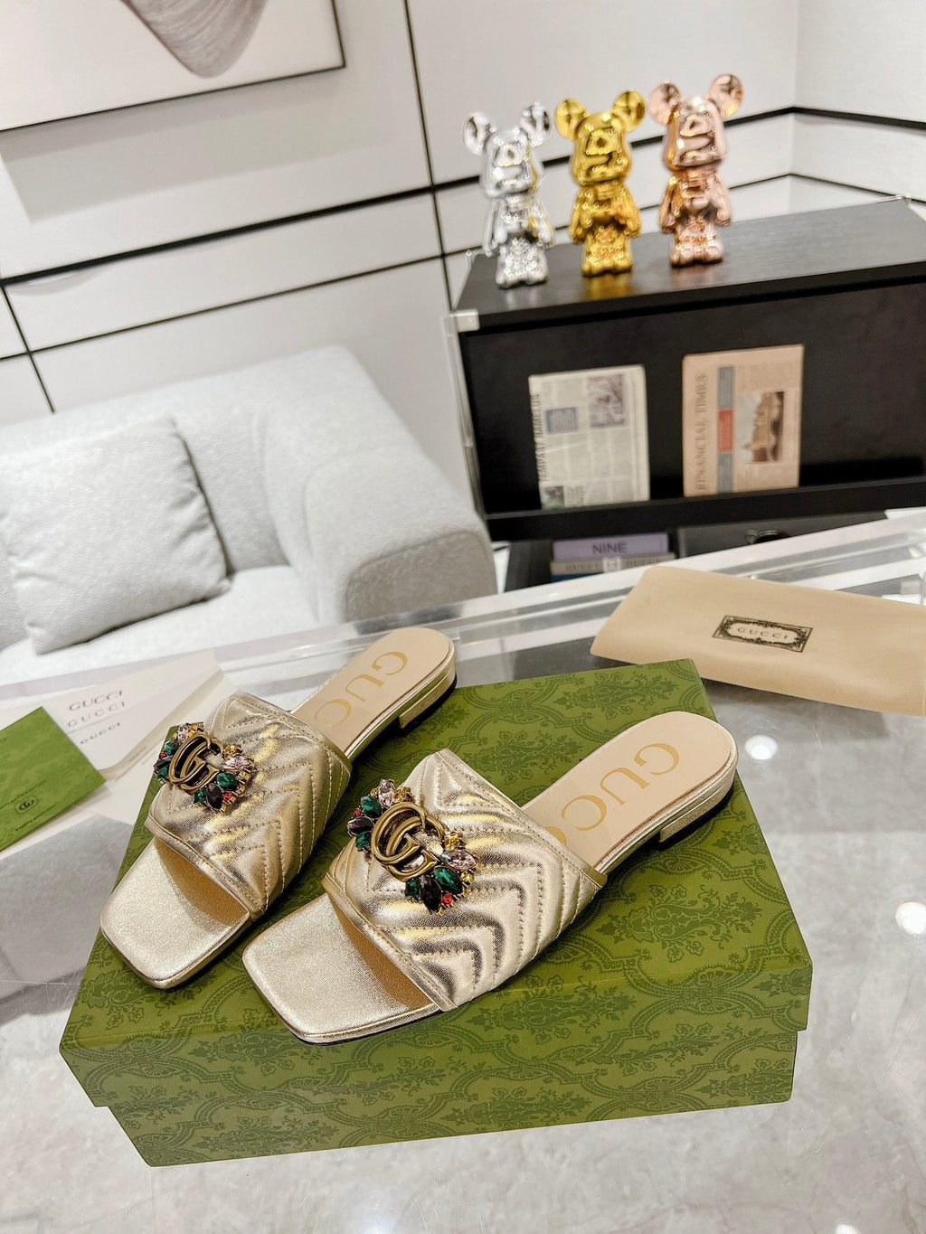 GG SPARKLE CRYSTAL SLIDE SANDAL METALLIC GOLD CALFSKIN
