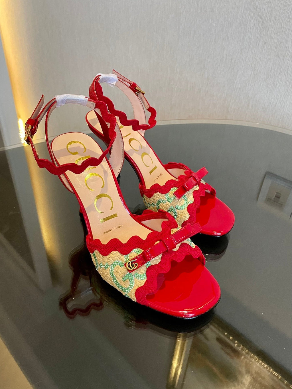 GG Kertu Heel Sandals 8cm Beige Red Green Raffia Leather 695680
