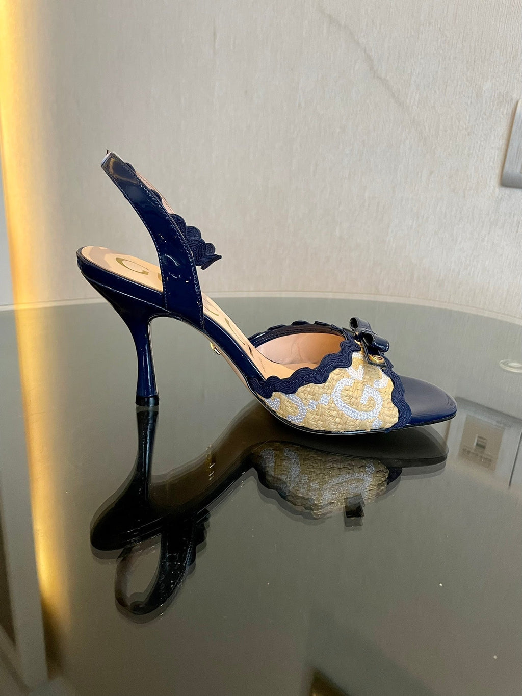 GG Kertu Heel Sandals 8cm Beige Blue Raffia Leather 695683
