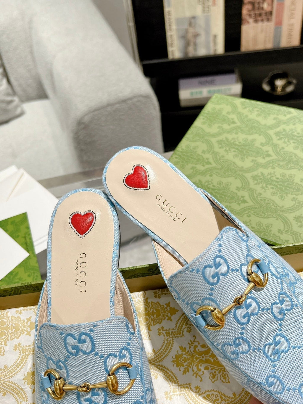 MEN'S MULE WITH HORSEBIT IN LIGHT BLUE MONOGRAM JACQUARD FABRIC