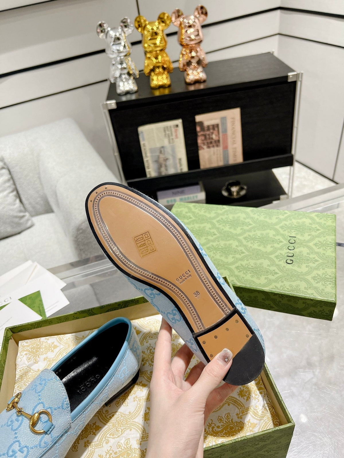 MEN'S LOAFER WITH HORSEBIT IN LIGHT BLUE MONOGRAM JACQUARD FABRIC