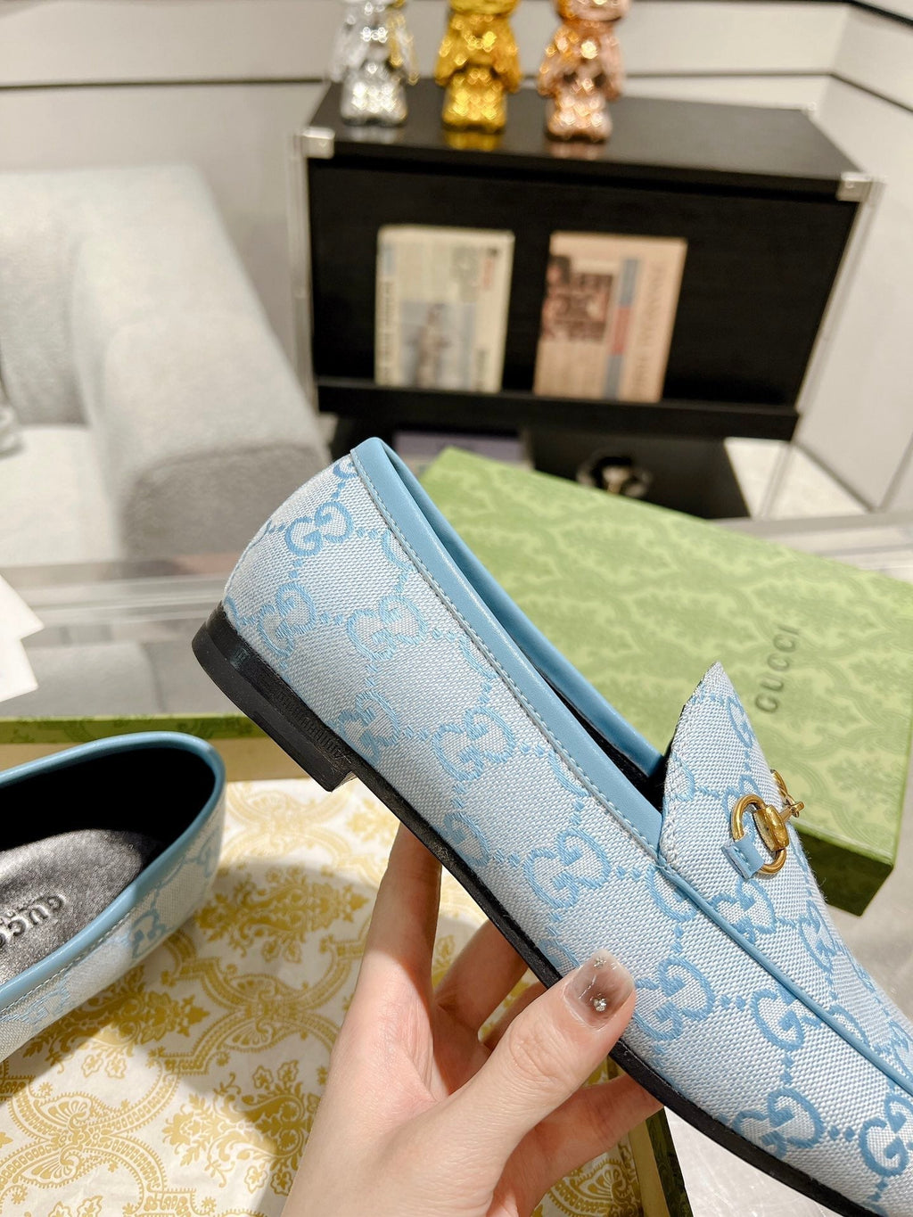 MEN'S LOAFER WITH HORSEBIT IN LIGHT BLUE MONOGRAM JACQUARD FABRIC