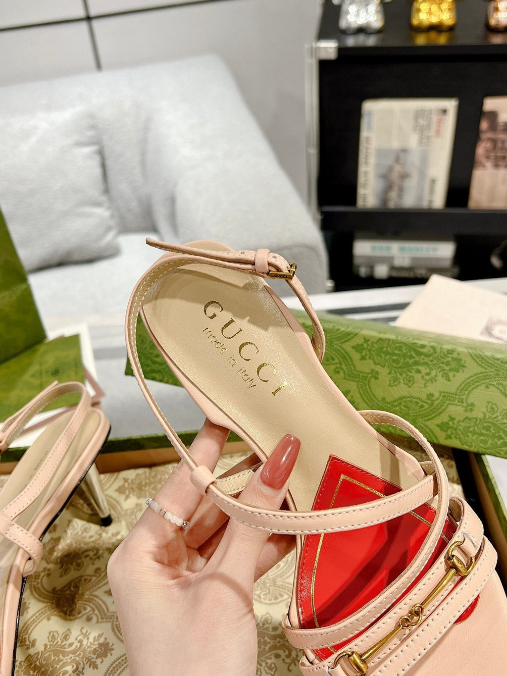 GG CLASSIC STRAPPY HEEL SANDAL PASTEL PINK CALFSKIN