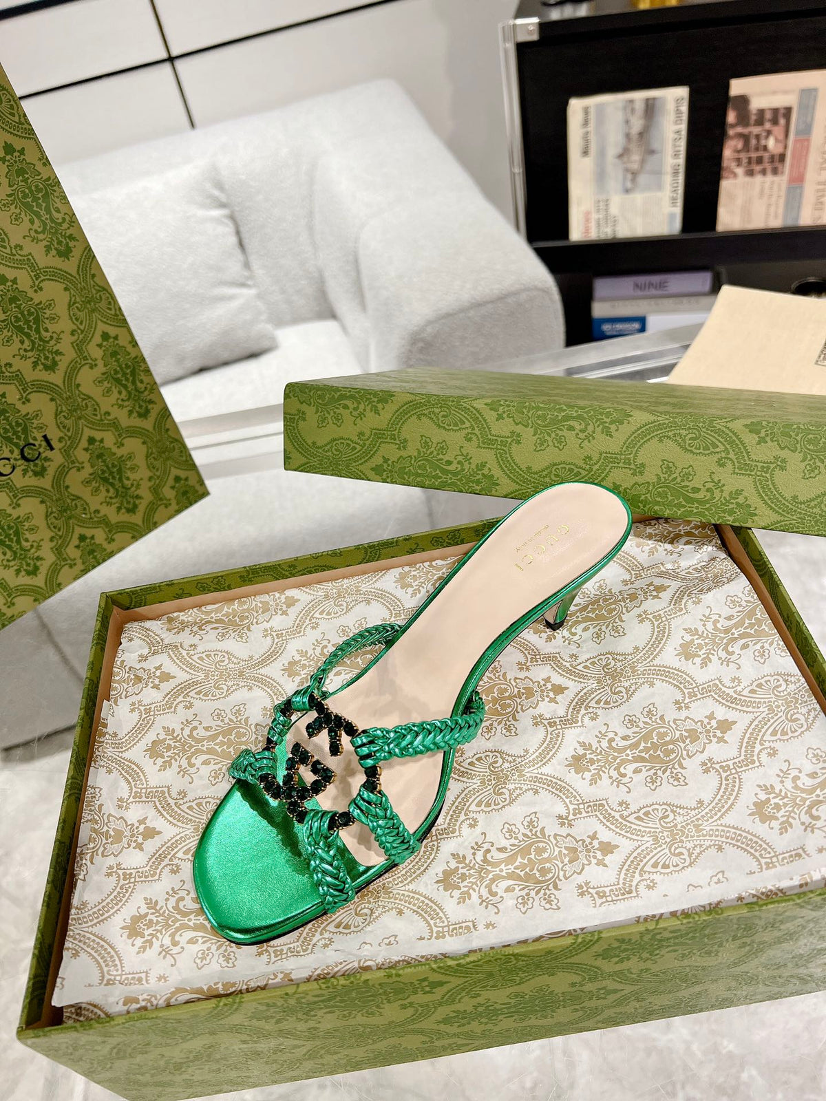 GG CRYSTAL MID - HEEL JADE GREEN CALFSKIN