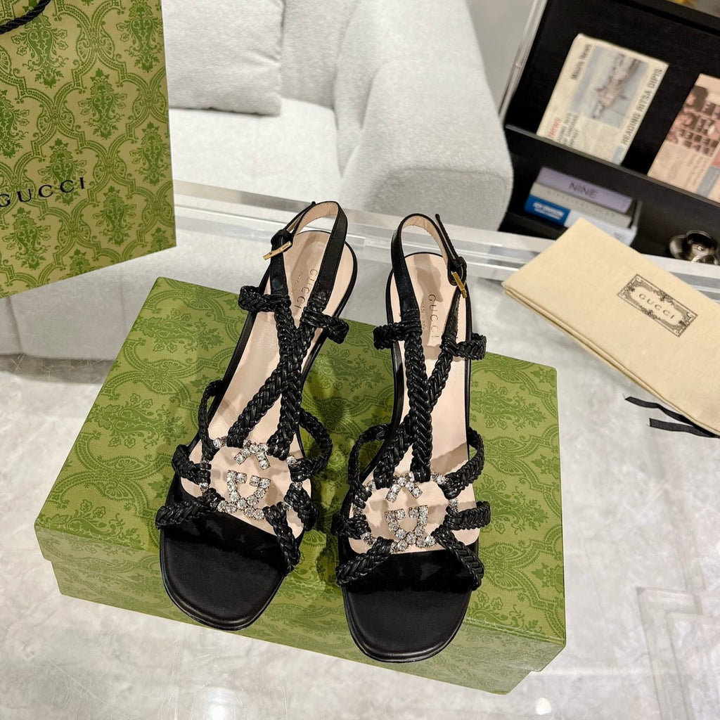 GG CRYSTAL HIGH HEEL SANDAL BLACK CALFSKIN SPECIAL