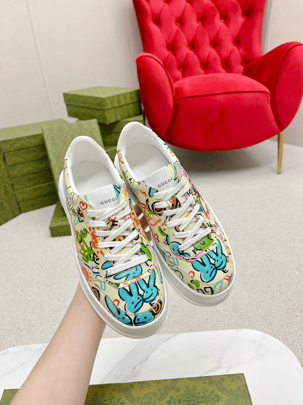 GG TRAINER SAGE CALFSKIN WITH RABBIT PATTERN