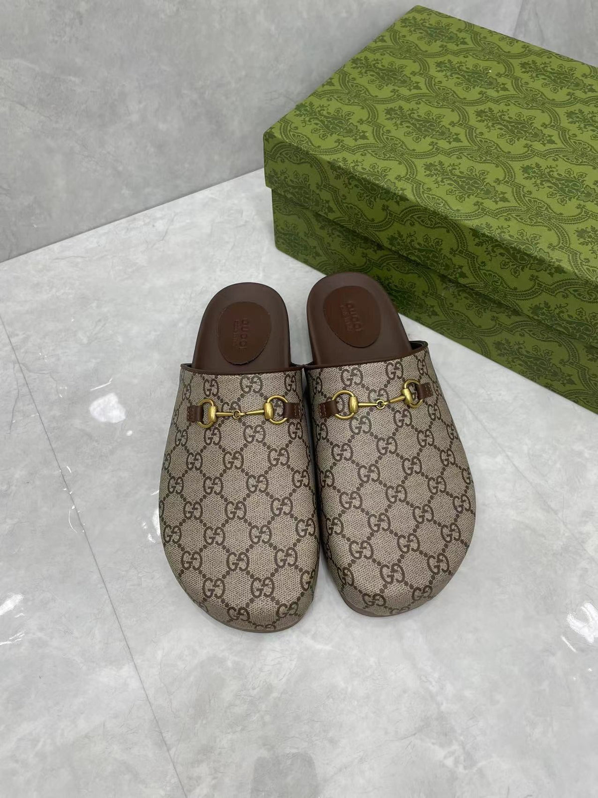 GG Horsebit Slippers Brown Cow Suede Embossed 280132