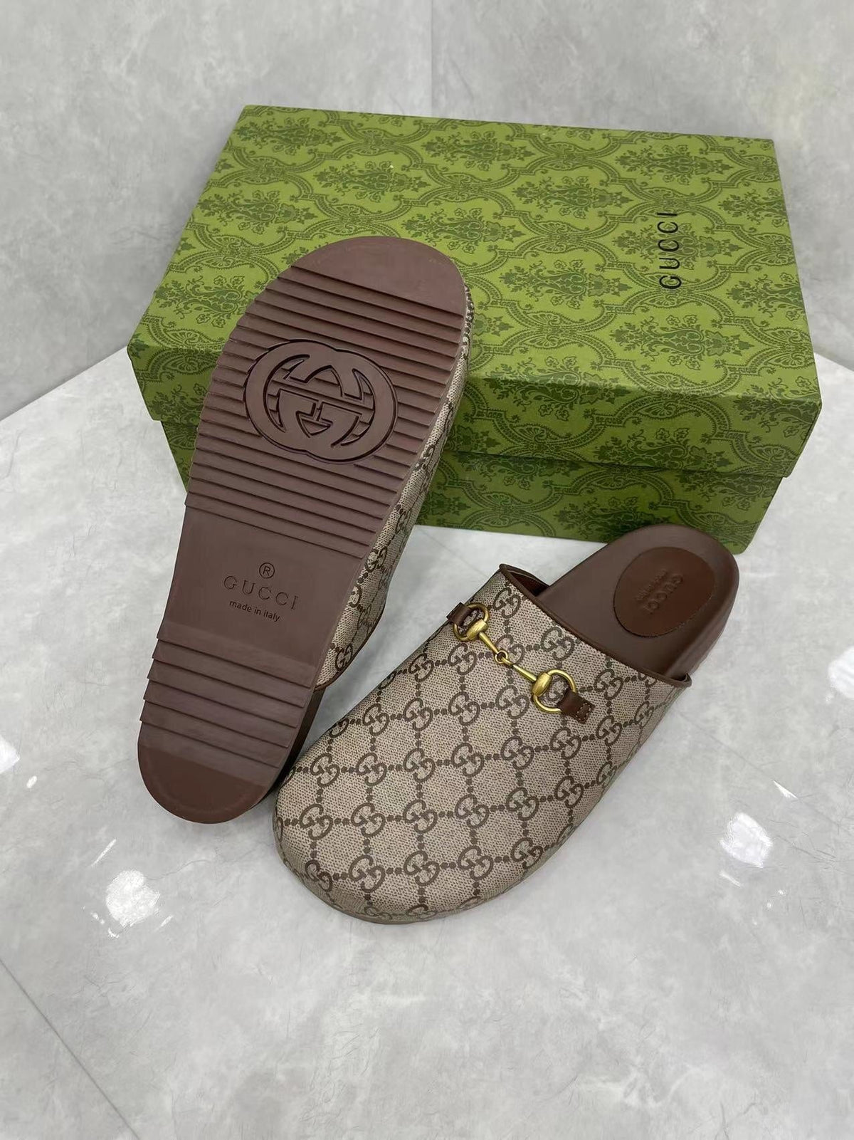 GG Horsebit Slippers Brown Cow Suede Embossed 280132