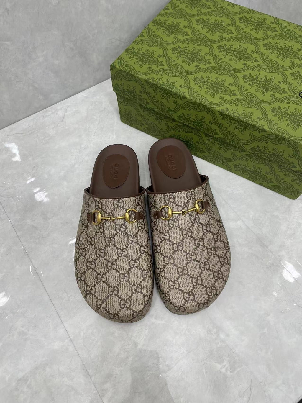GG Horsebit Slippers Brown Cow Suede Embossed 280132