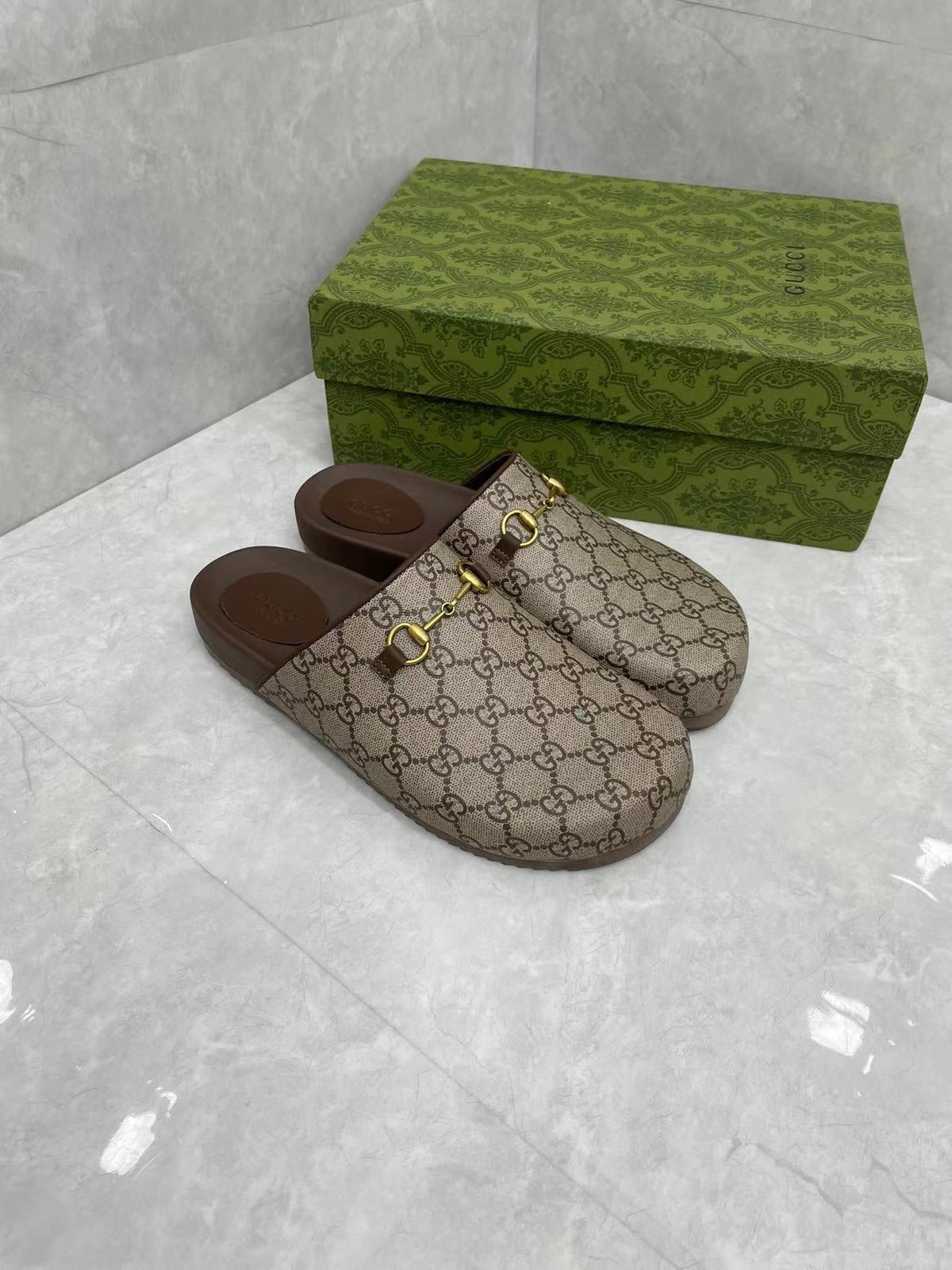 GG Horsebit Slippers Brown Cow Suede Embossed 280132