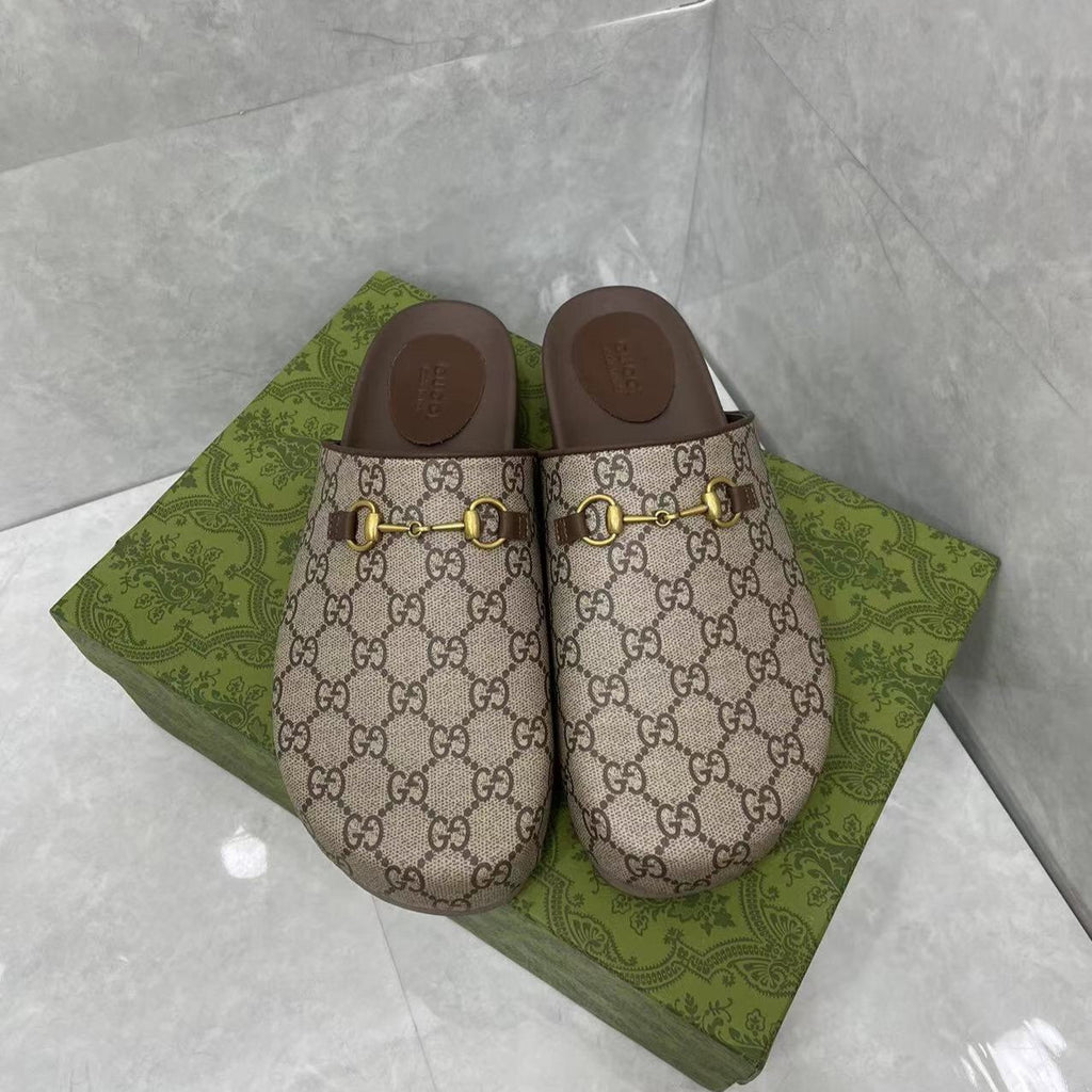 GG Horsebit Slippers Brown Cow Suede Embossed 280132